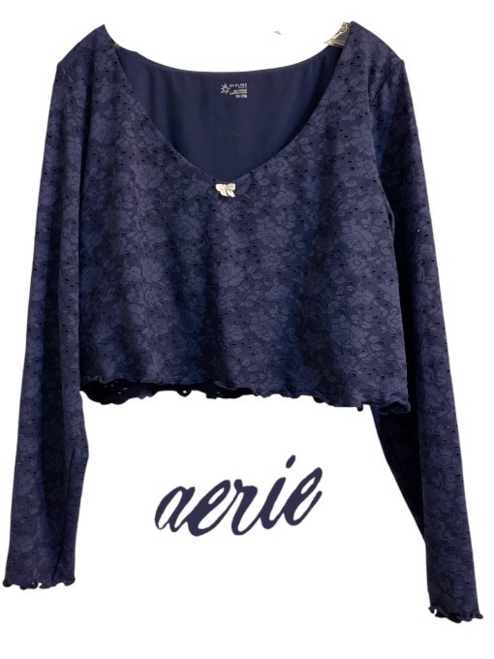 XXL aerie Navy Floral Lace Stretch Long-Sleeve Crop Top with Built-in Shelf Bra